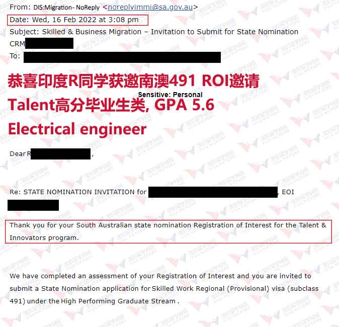 恭喜印度R同学获邀南澳491 ROI邀请